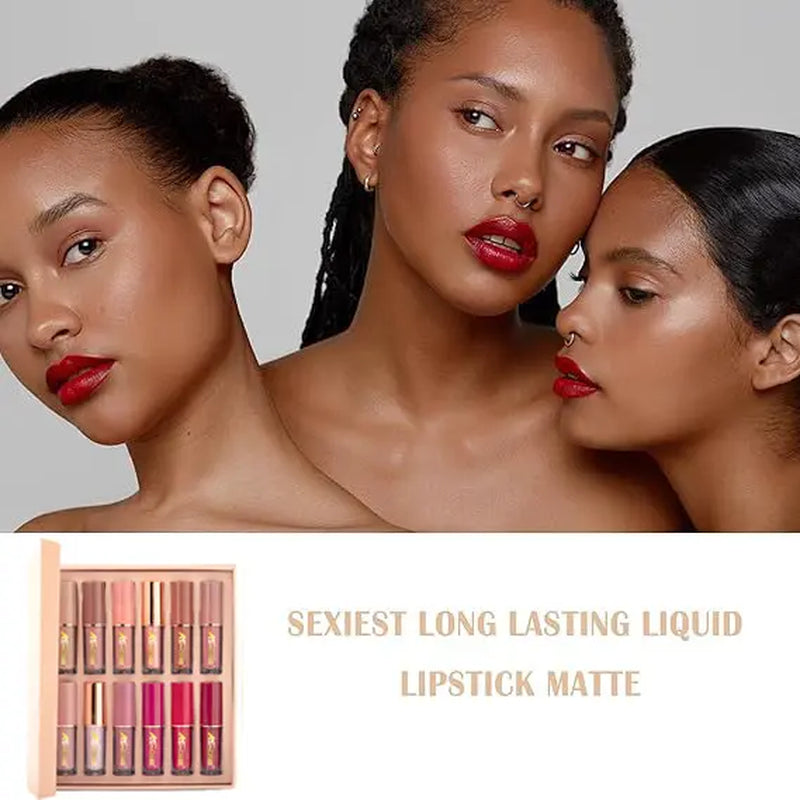 12-Color Liquid Lipstick Gift Set – Matte Pearlescent Finish, Non-Fading, Long-Lasting, Moisturizing for Full Lip Color, Everyday Lip Makeup & All-Day Wear - Perfect Beauty Gift for Women, Lip Cosmetics & Makeup Sets